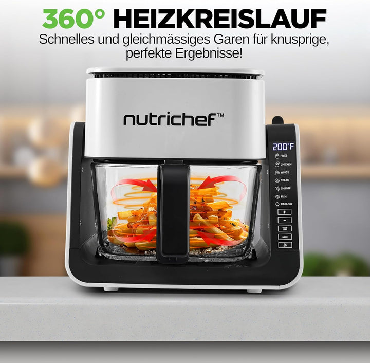 NutriChef 4L Airfryer & Elektrogrill – 7-in-1 Glas Heissluftfritteuse + 1.2L Grill Frittieren, Grill