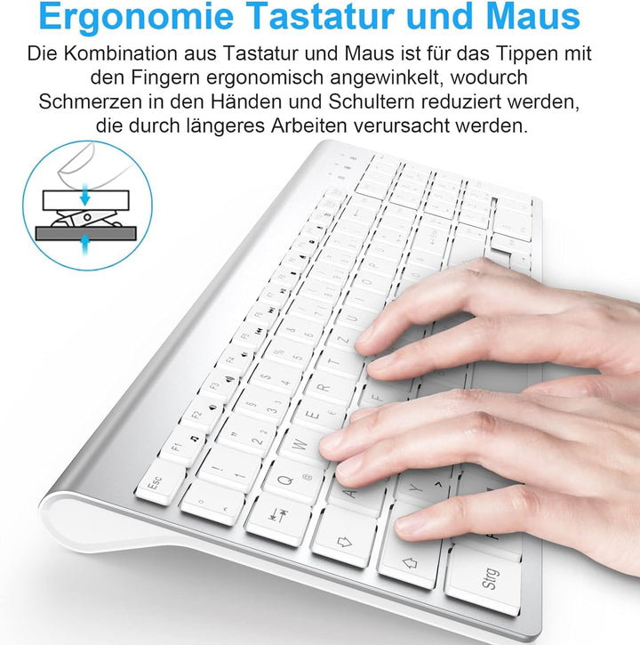 Tastatur Maus Set Kabellos - QWERTZ (Deutsch) USB Funktastatur mit Maus Ergonomisch Tastatur für Com
