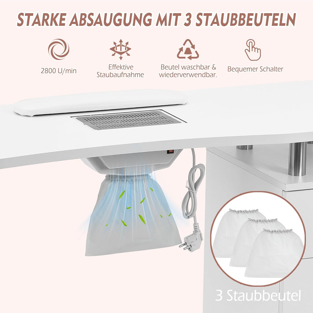 Maniküre Tisch, Staubsammler Handgelenkkissen Weiche Armlehne, Nageltisch für Nail Tech mit 3 Schubl