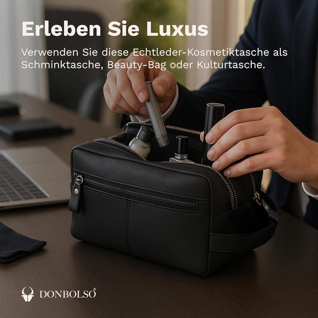 DONBOLSO Kulturbeutel Stockholm - Damen und Herren Kulturtasche aus Leder - Premium Kosmetiktasche f