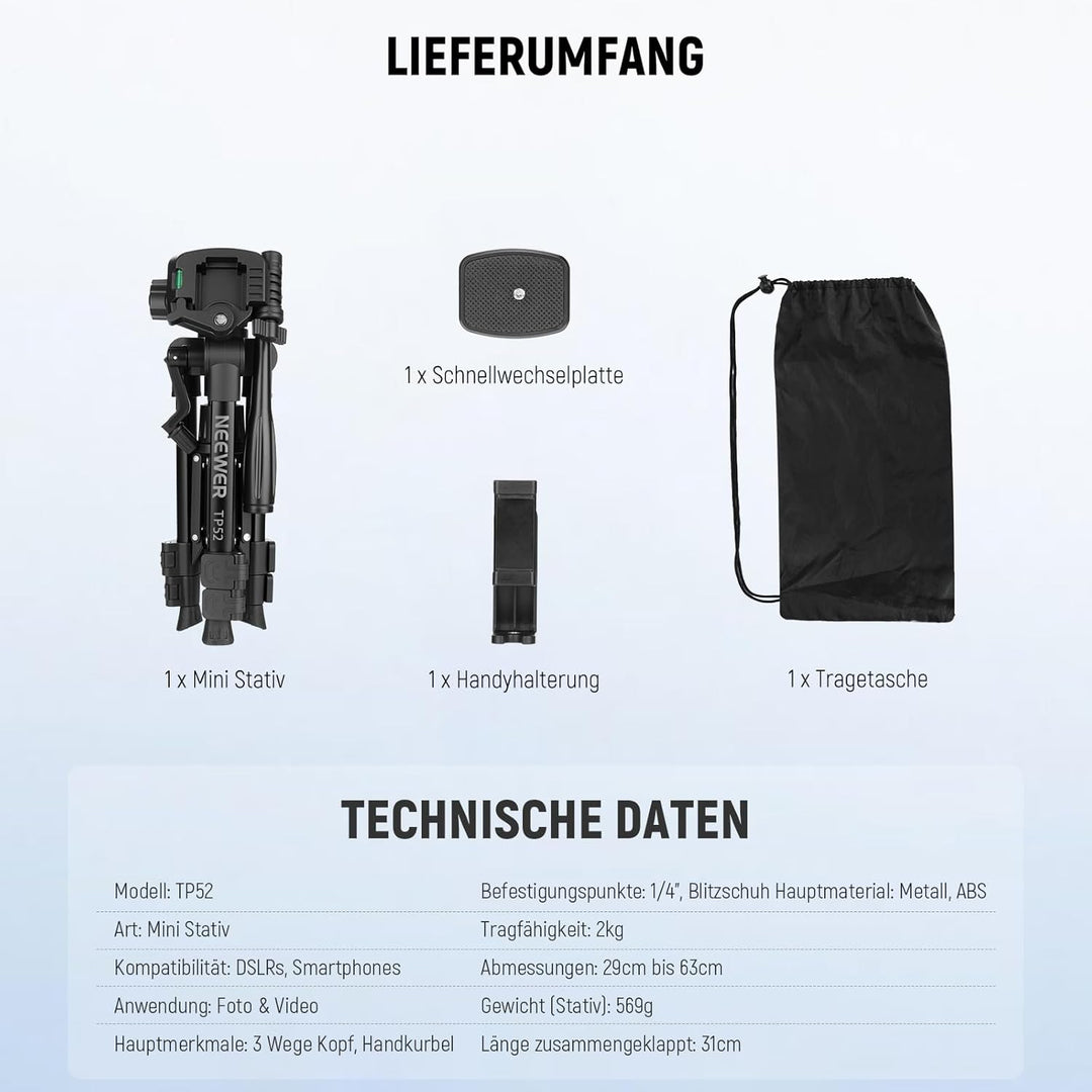NEEWER Entry Level Version Mini Tischstativ kompatibel mit iPhone für Videoaufnahmen, Kleiner kompak