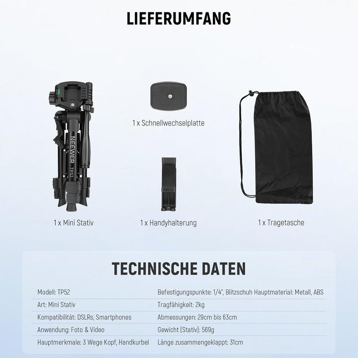 NEEWER Entry Level Version Mini Tischstativ kompatibel mit iPhone für Videoaufnahmen, Kleiner kompak