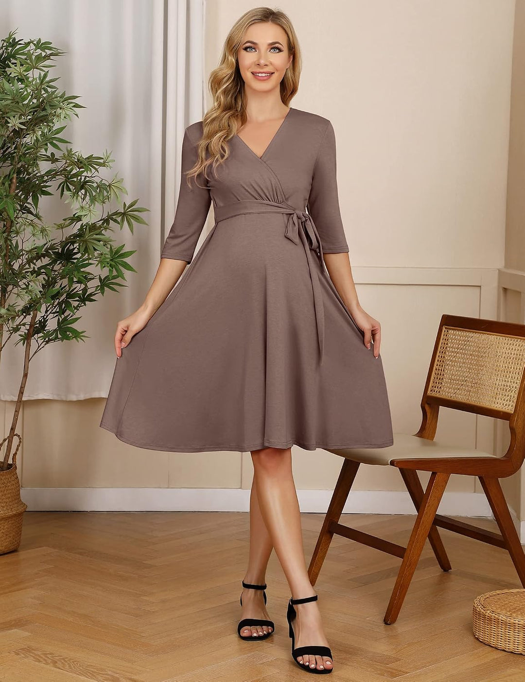 KOJOOIN Damen Umstandskleid Schwangerschafts Kleid für Schwangere Stillkleid V-Ausschnitt Langarm mi