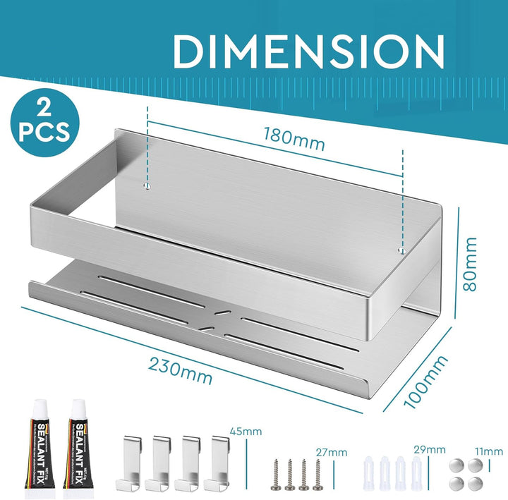 EXLECO 2x23CM Duschablage Ohne Bohren Duschregal Wand Edelstahl Badregal mit 8 Haken Duschkorb zum B