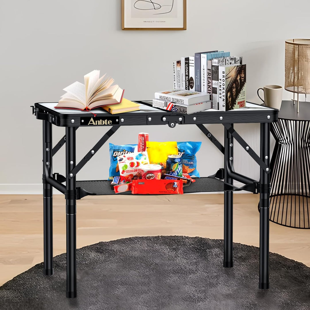 Anbte Campingtisch Tragbar 58x40x70 cm aus Alu, Marmorplatte mit 3 Verstellbare Höhe, Balkontisch Bi