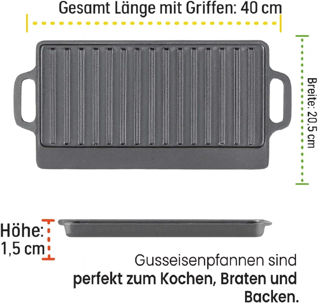 2 STK Gusseisenpfanne Rund D 31 cm, Grillplatte Länge 40 mit Griffe | Runde Servierpfanne und Grillp