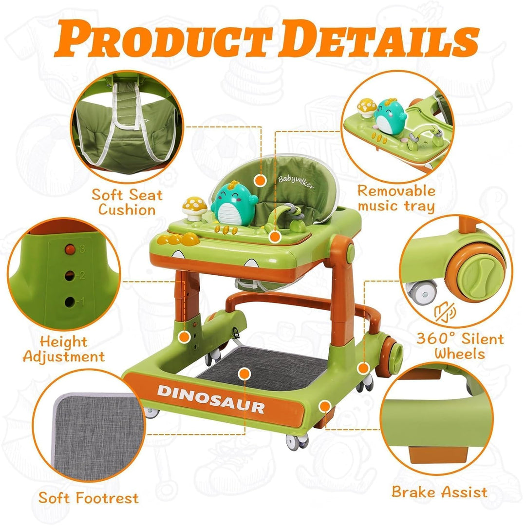 Lauflernwagen Baby Dinosaurier mit Musikalischem Spielset,Fussstütze,Höhenverstellbar,360° Geräuscha