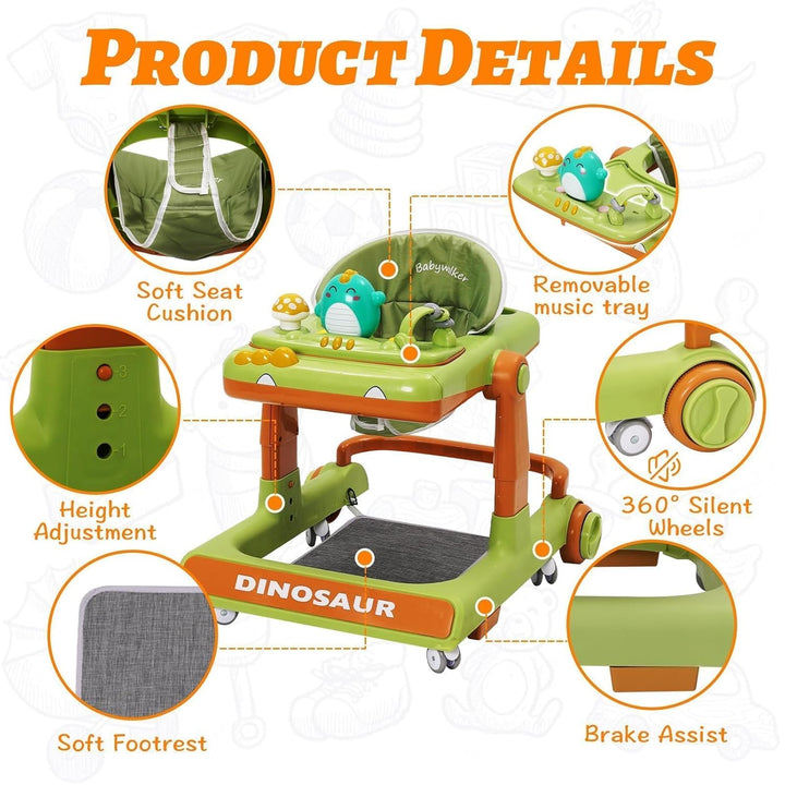 Lauflernwagen Baby Dinosaurier mit Musikalischem Spielset,Fussstütze,Höhenverstellbar,360° Geräuscha