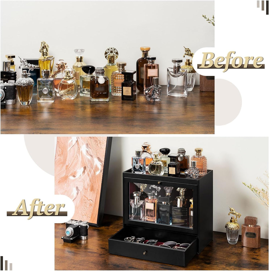 Parfüm Organizer, Leder Herren Parfüm Ständer mit Schublade, Parfüm Regal mit Transparent Sichtbarer