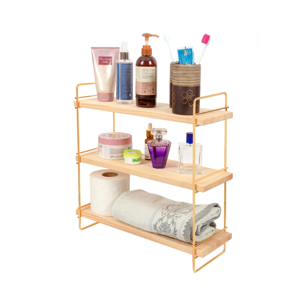 Ndeko Arbeitsplatte Regal aus Holz und Metall Gold mit 3 Ablagen, Badregal, Holzregal, Regalbrett Or