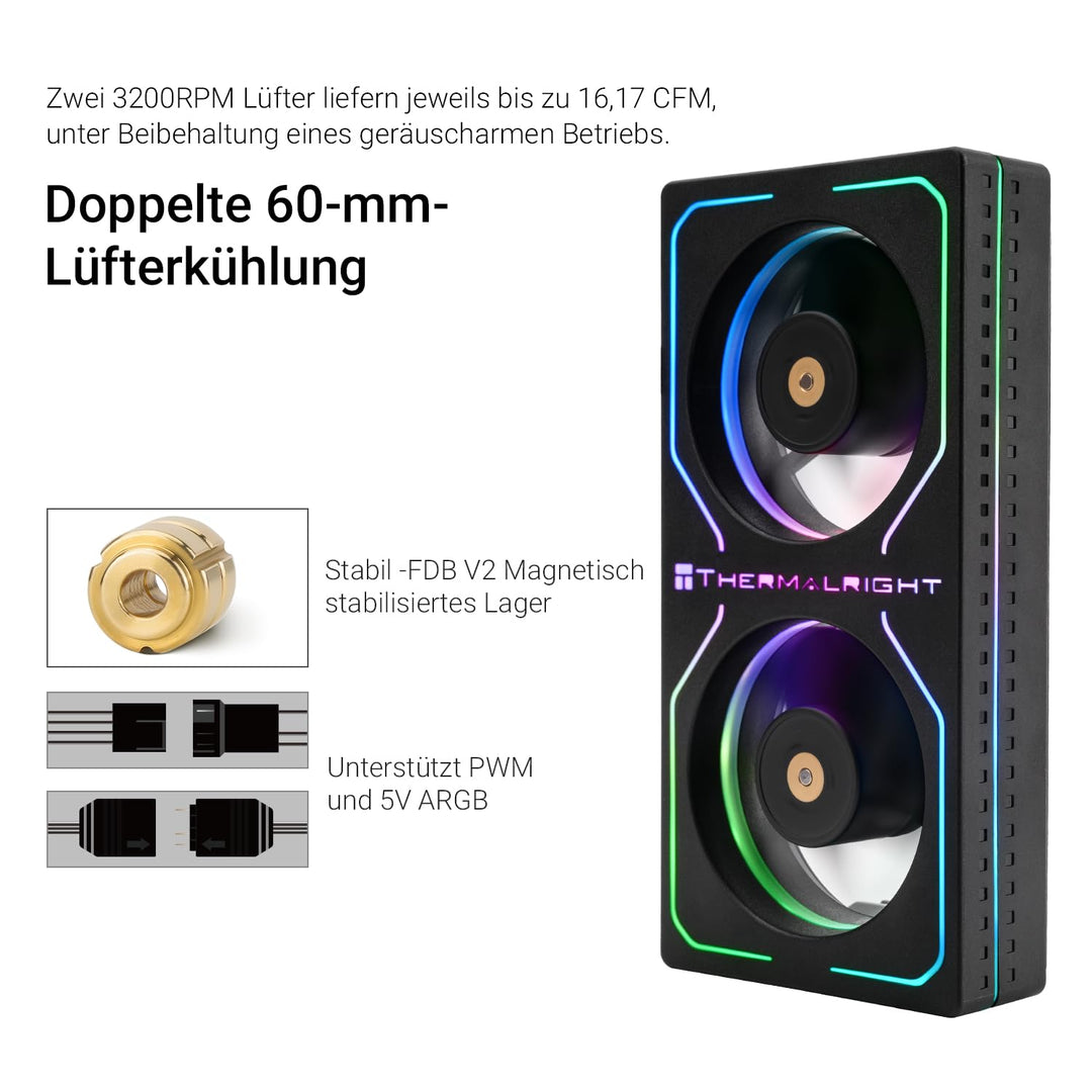 Thermalright MC-2 ARGB Black Memory Cooler, Dual-Lüfter mit 3200 U/min PWM-Design, leiser RAM-Kühler