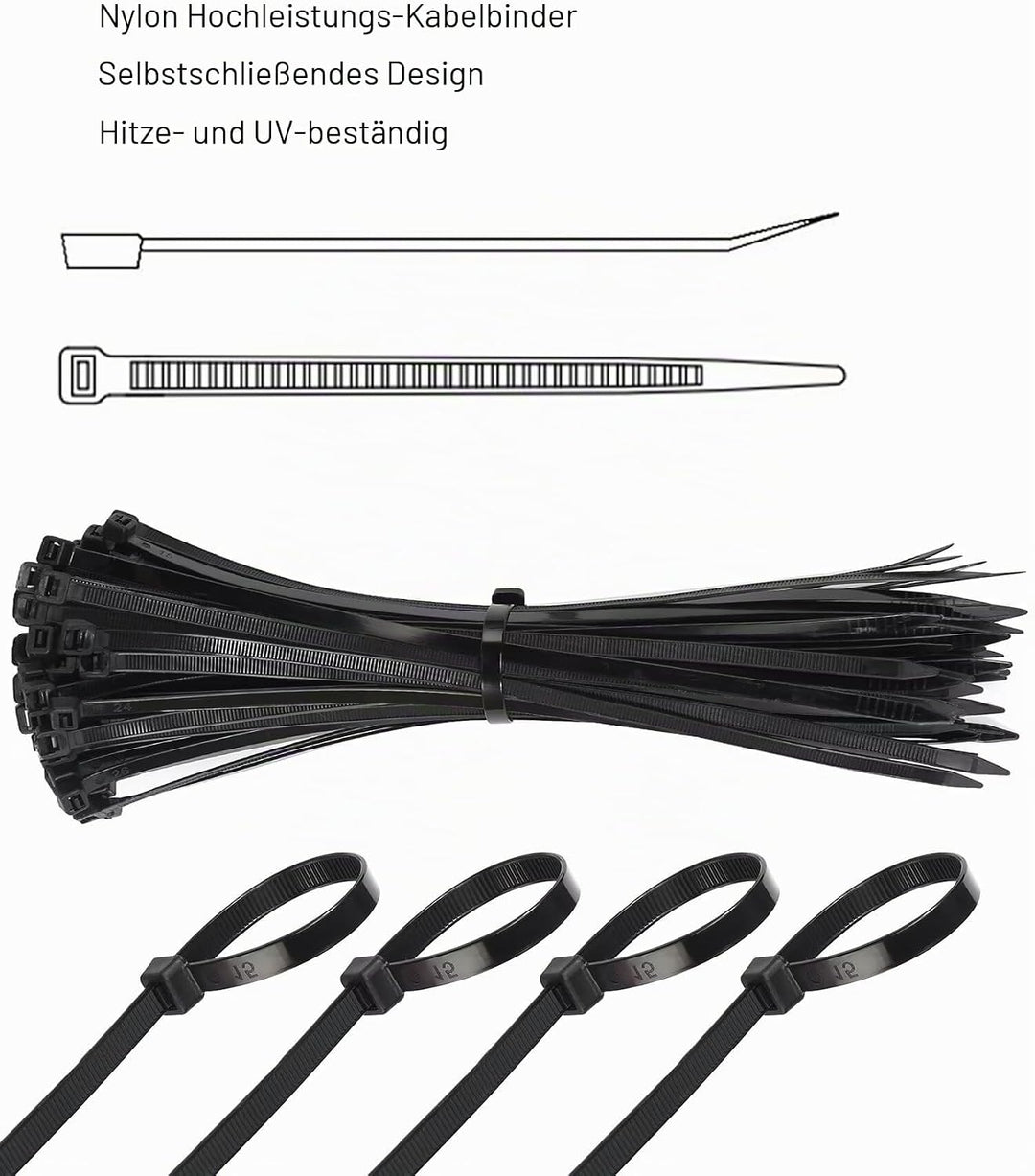 Dicke Kabelbinder, strapazierfähig, 450 mm x 7,6 mm, starke grosse Kabelbinder, schwarz mit 22 kg Zu