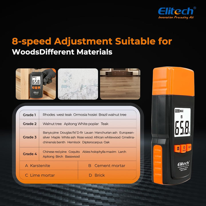 Elitech Holzfeuchtemessgerät Digital, 4 Holzarten, ±2% Genauigkeit, 9,8 mm Sonden, Feuchtigkeitsmess