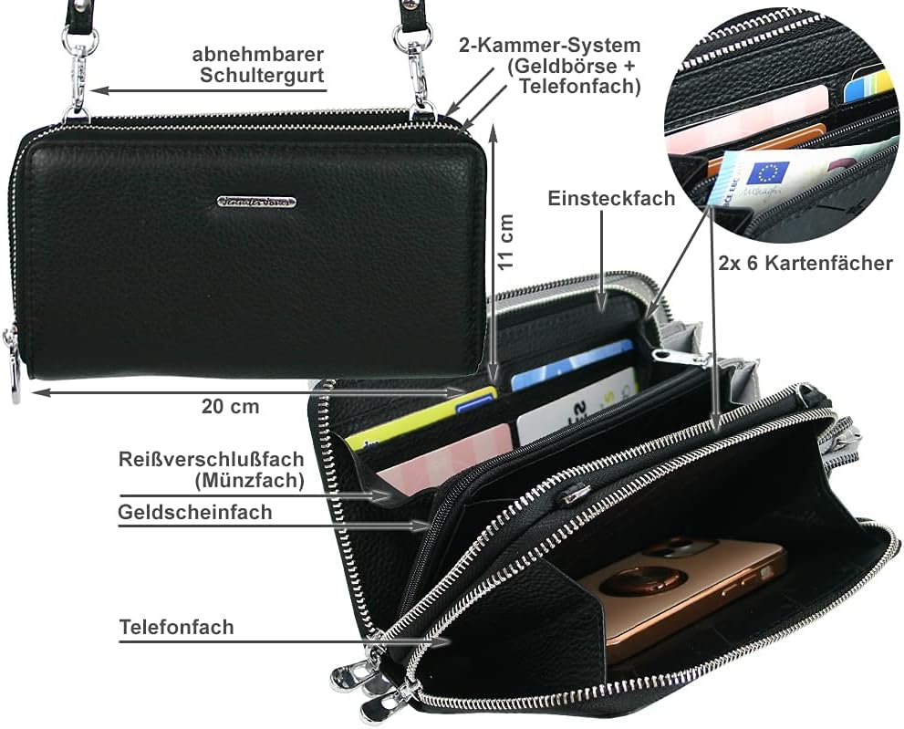 Jennifer Jones - Echt Leder Handtasche mit Handyfach - 2in1 Handytasche & Geldbörse mit RFID-Schutz