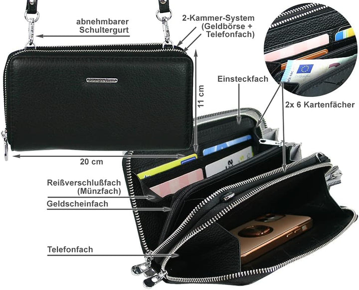 Jennifer Jones - Echt Leder Handtasche mit Handyfach - 2in1 Handytasche & Geldbörse mit RFID-Schutz