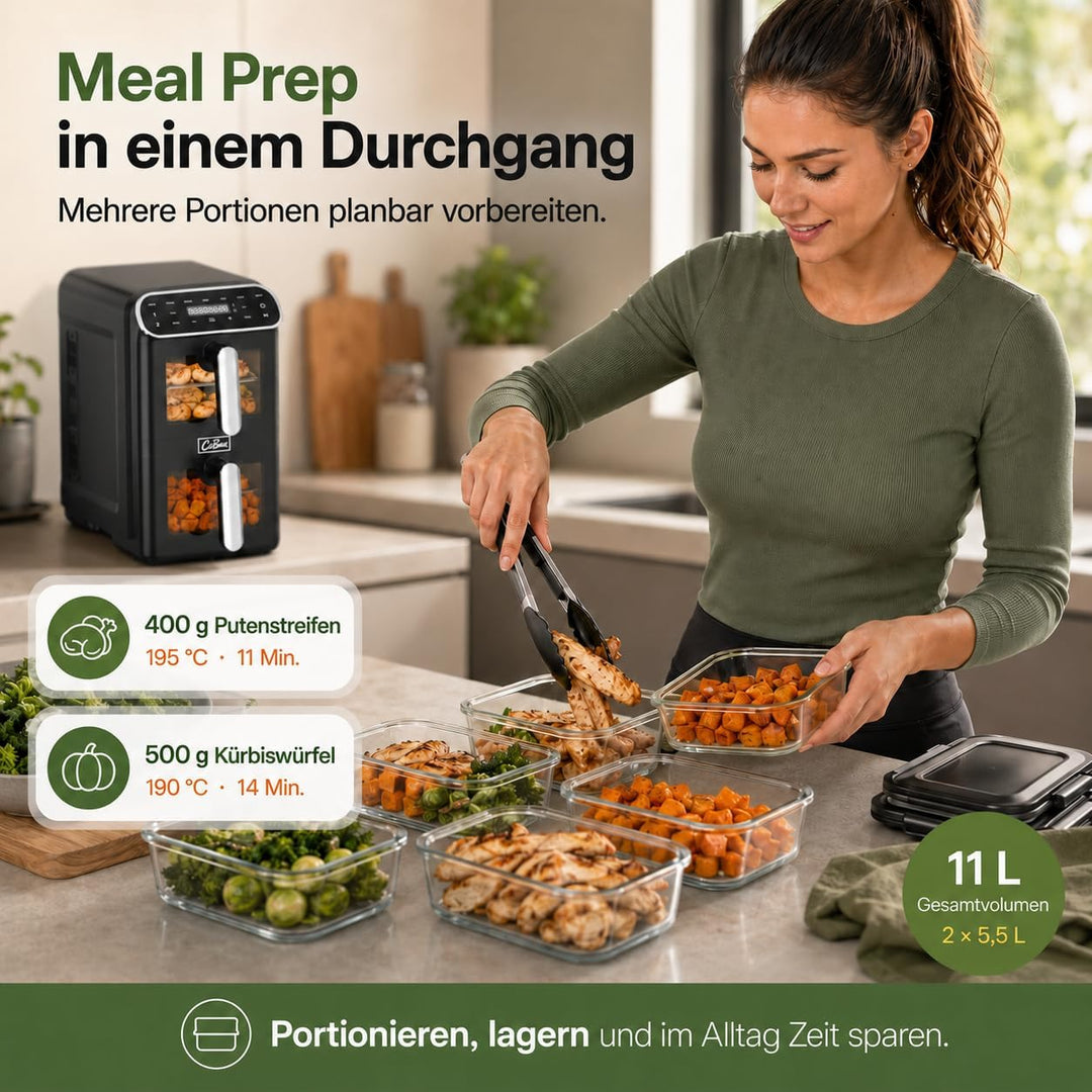 Heissluftfritteuse 2 Kammern übereinander 11L, platzsparende vertikale Doppelkammer, 2×5,5L Airfryer