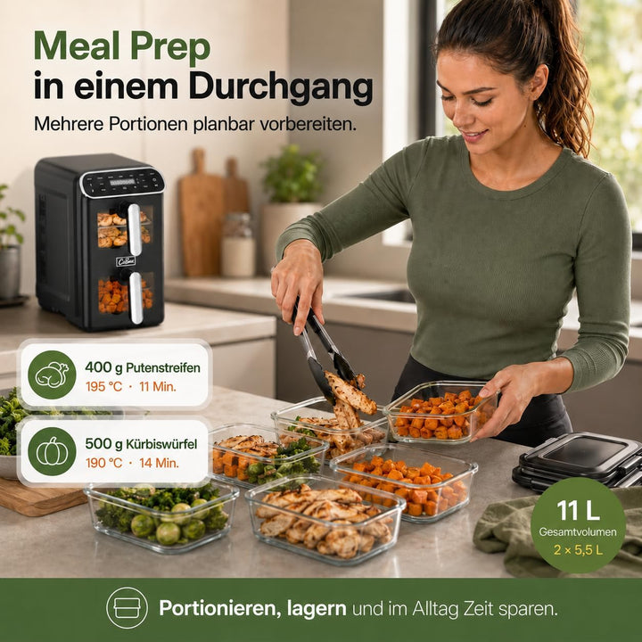 Heissluftfritteuse 2 Kammern übereinander 11L, platzsparende vertikale Doppelkammer, 2×5,5L Airfryer