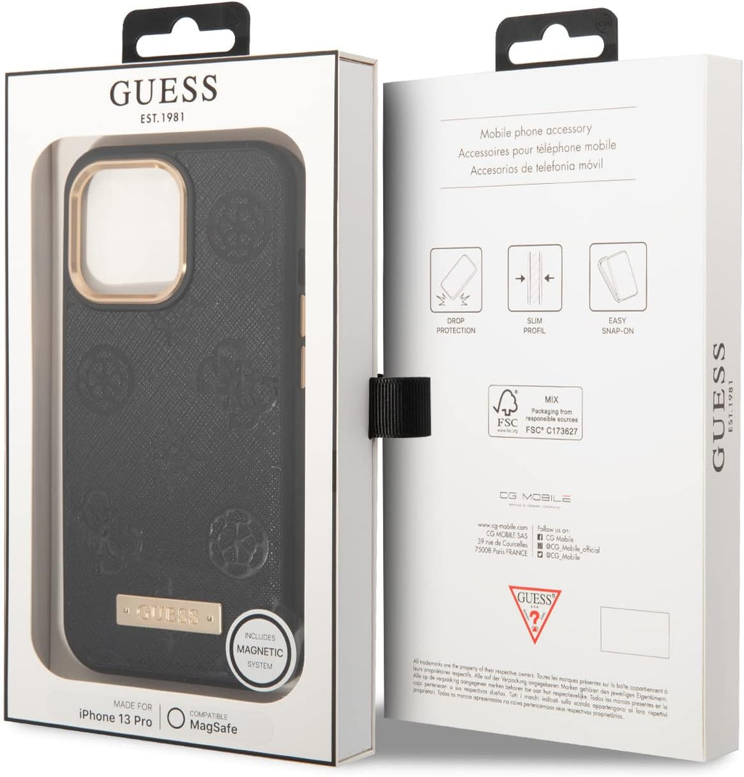 GUESS GUHMP13LSAPSTK Hülle für iPhone 13 Pro / 13 6,1" Schwarz hardcase Peony Logo Plate