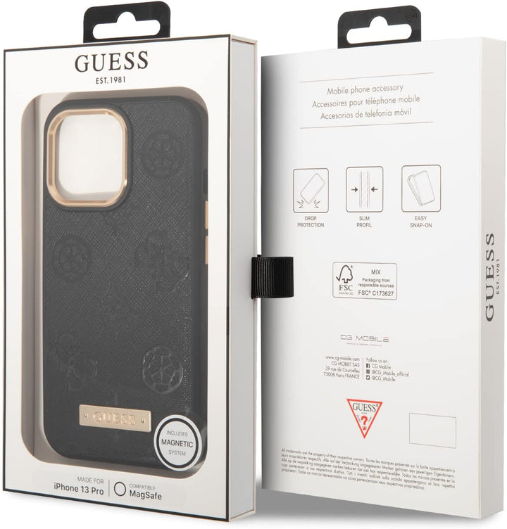GUESS GUHMP13LSAPSTK Hülle für iPhone 13 Pro / 13 6,1" Schwarz hardcase Peony Logo Plate