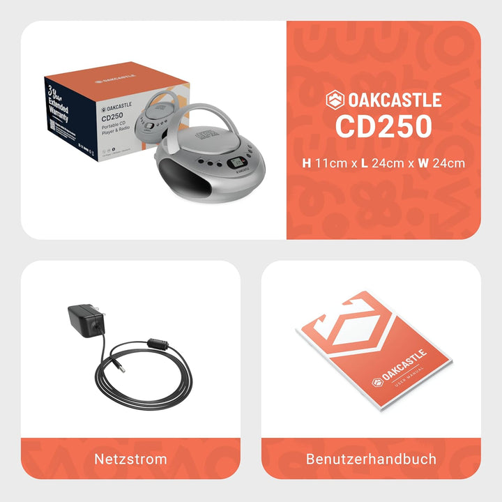 OAKCASTLE CD250 Tragbar Bluetooth Boombox | Einfache Kontrollen CD Player fur Kinder | Tragbare CD S