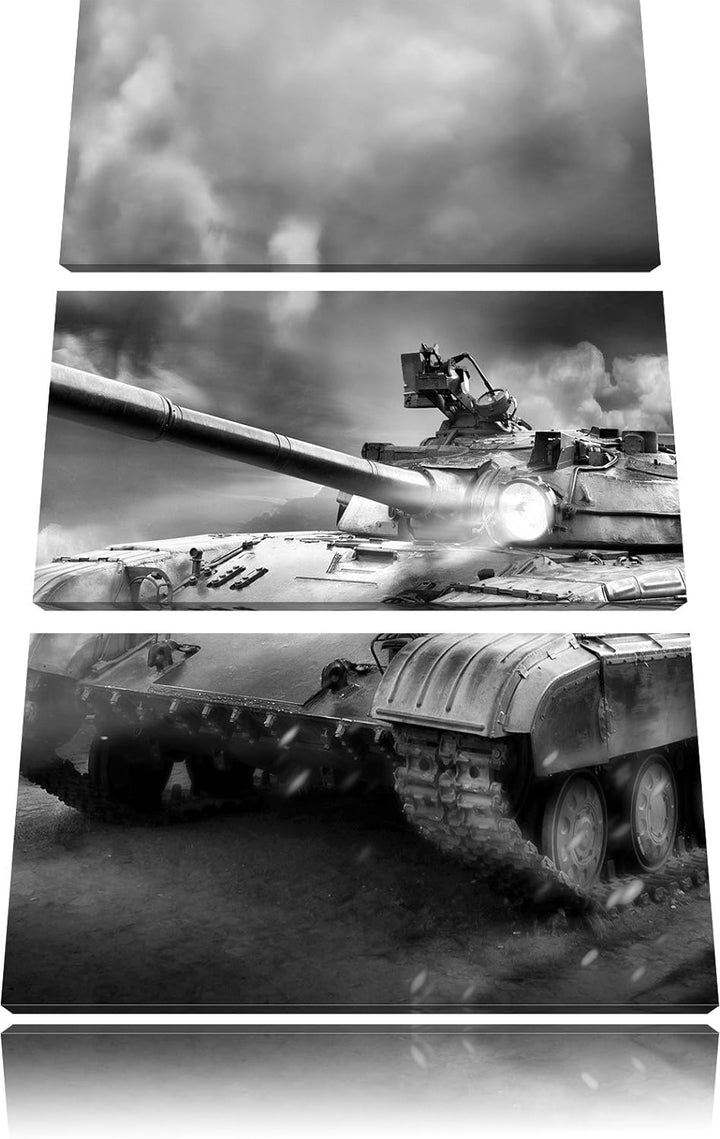 Pixxprint Panzer im Nebel 3Teiler 120x80 cm Leinwandbild Wandbild Kunstdruck