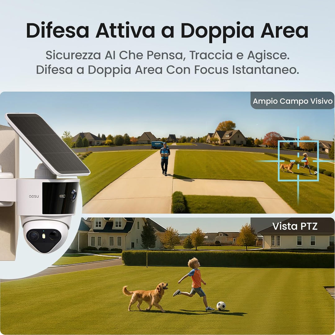 aosu T2 Pro 3K Überwachungskamera Aussen Akku Solar, 360° PTZ + 170° Weitwinkel 5MP Dual-Kamera Tech