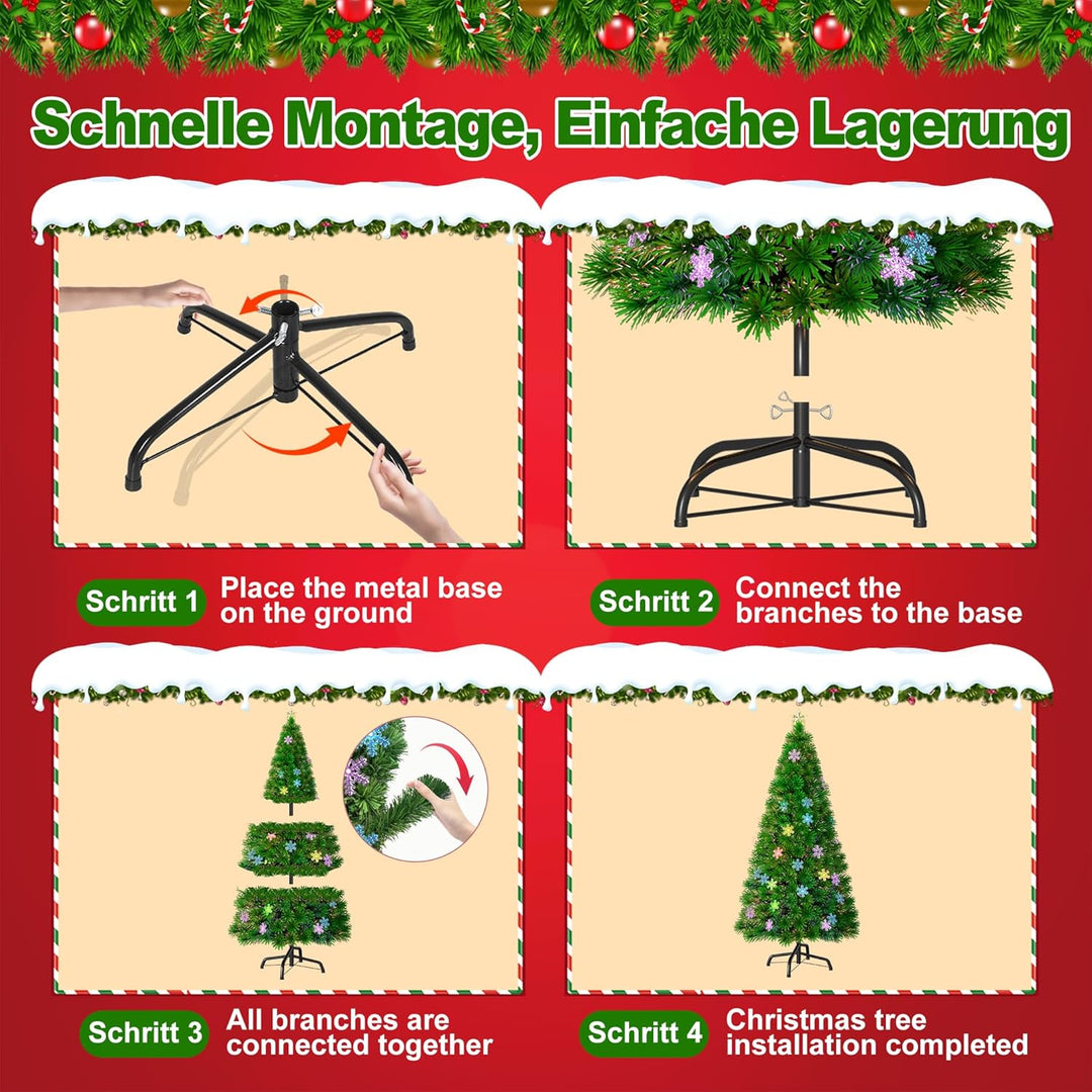 Aufun Weihnachtsbaum Künstlicher 210 cm mit LED Glasfaser und Schneeflocken Weihnachtsdeko Christbau