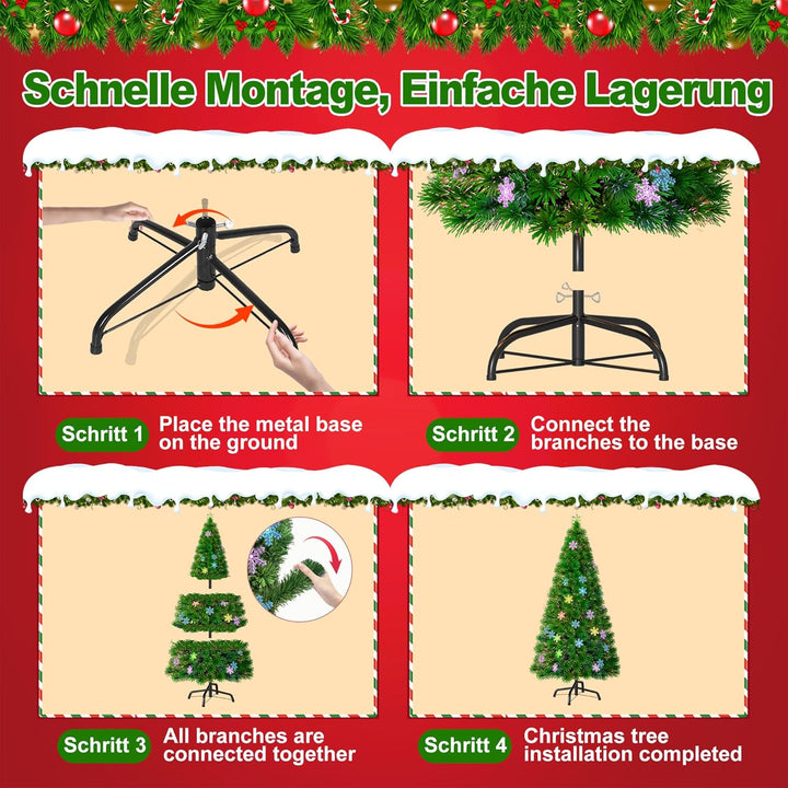 Aufun Weihnachtsbaum Künstlicher 210 cm mit LED Glasfaser und Schneeflocken Weihnachtsdeko Christbau