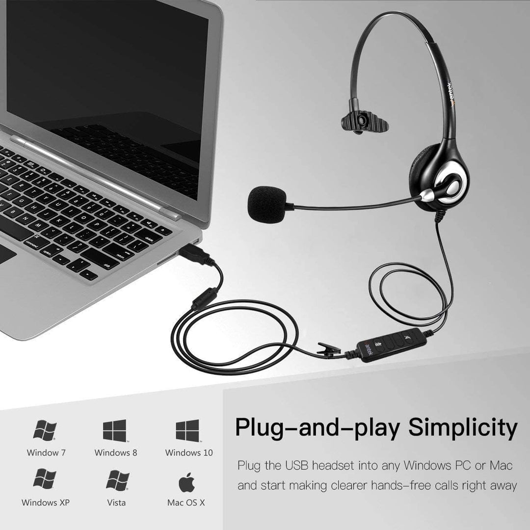 Wantek USB Headset Mono mit Noise Cancelling Mikrofon und Call Volume Control Call Center Headsets m