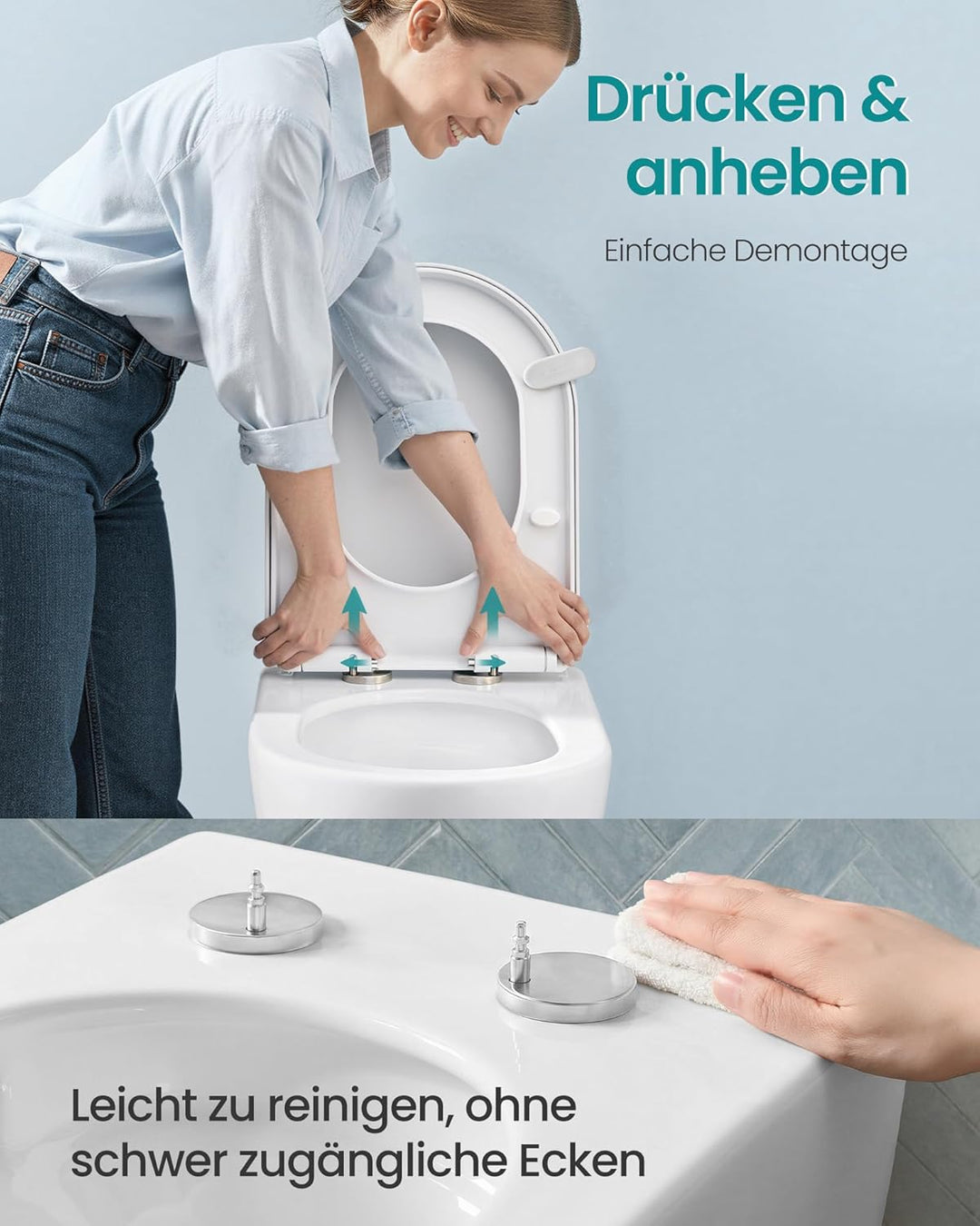 SONGMICS Toilettendeckel, lange D-Form, WC-Sitz mit Absenkautomatik, Griff, Toilettensitz abnehmbar,