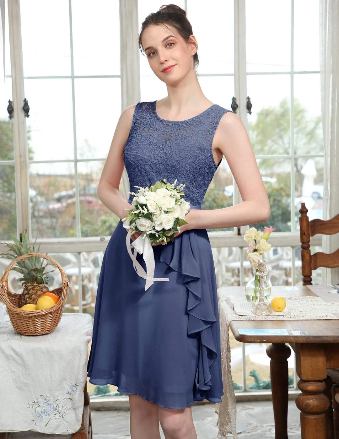 Berylove Kleid mit Rüschensaum Cocktailkleid Damen Elegant für Hochzeit Abendkleid Kurz Blau 3XL, Bl