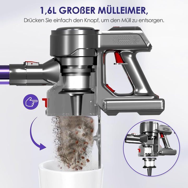 Akku Staubsauger Kabellos, 45000Pa Kabelloser Staubsauger mit Touchscreen, 50Mins, 1.6L, H13 HEPA, A