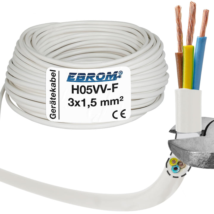 EBROM Schlauchleitung Gerätekabel -RUND- H05VV-F 3x1,5 mm², weiss, 100 m | von 5 bis 150 m - flexibe