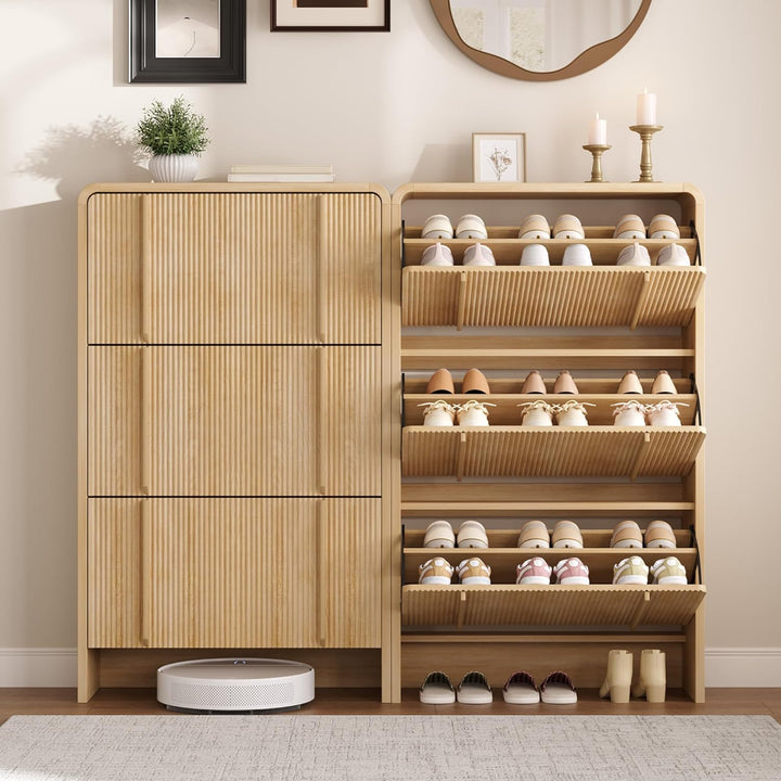 LUXOAK Schuhschrank mit 3 Klappen, Verstellbare Trennwände & Anti-Kipp-Sicherung, Abgerundete Ecken,