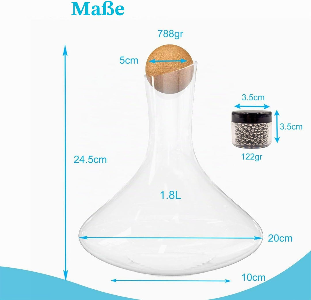 Intirilife Glas Karaffe mit 1.8 Liter für Rotwein mit Reinigungsperlen - Dekantierkapazität 750ml -