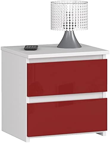 AKORD Nachttisch in minimalistischer Optik, mit 2 Schubladen, B40 x H40 x T35 cm Weiss / Rot Glänzen