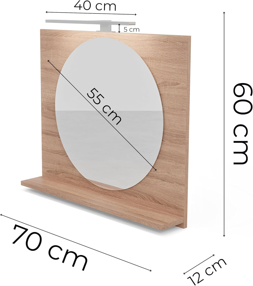 Badspiegel Rund mit Beleuchtung und Ablage Sonoma 70x60 cm Spiegel ⌀55 cm Badezimmer-Wand-Rasierspie