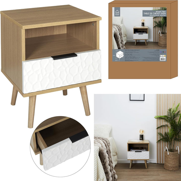 HOME DECO FACTORY HD7146 MESITA DE Noche C/CAJÓN Sven, Polyester, Holz/Weiss, 40x49x35 cm