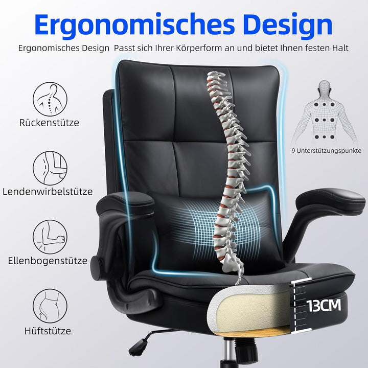 Bürostuhl Ergonomisch Schreibtischstuhl mit Hochklappbare Armlehne | Lordosenstütze, Bürostuhl 150kg