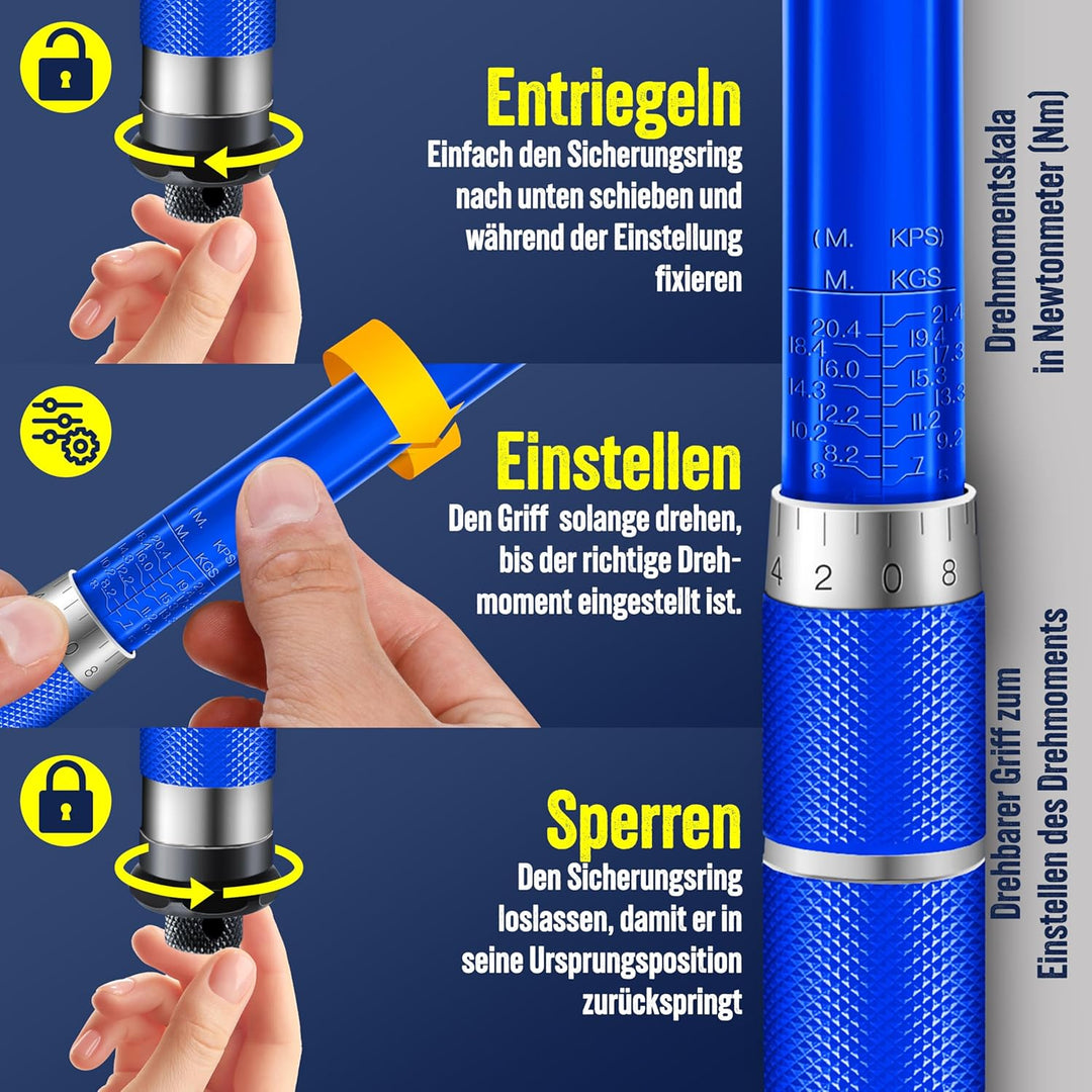 MASKO® Drehmomentschlüssel 6tlg. Set 40-210Nm 1/2 ' CV inkl. 3 Stecknüsse 17mm 19mm 21mm & Verlänger