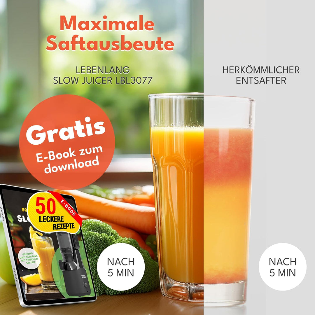 LEBENLANG Entsafter Slow Juicer - Inkl. Rezeptbuch & Grosse 130mm Öffnung I Perfekt für Obst ganze F