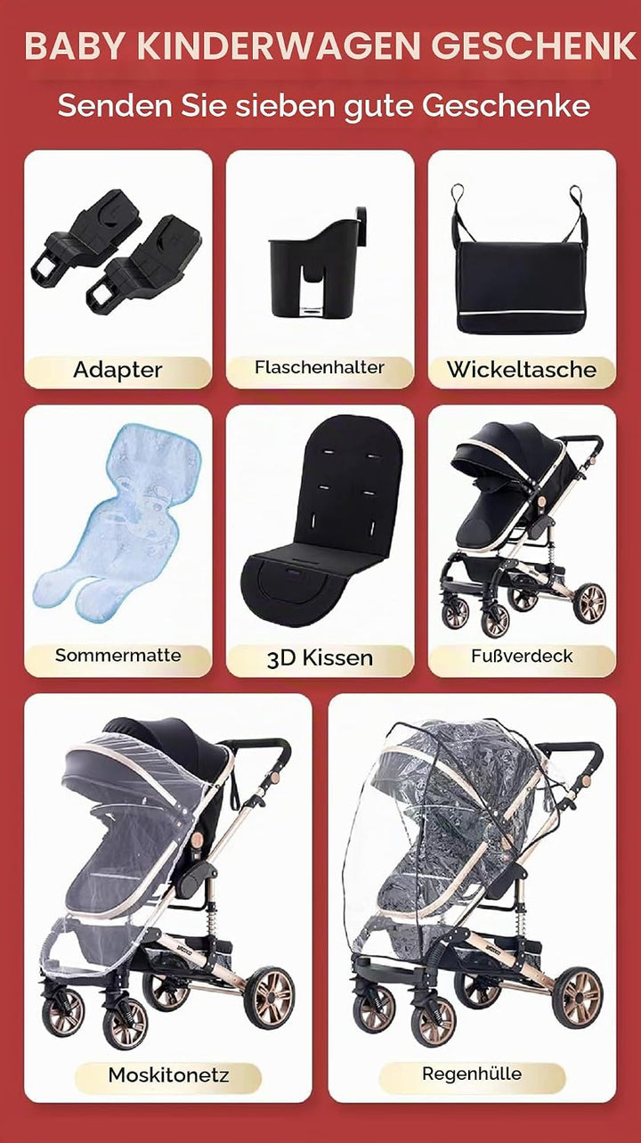 GLOKID Kinderwagen 3 in 1,Reisesysteme, Buggy mit Umkehrbarem Zwei-Wege-Schub,Babywanne Buggy&amp;Sports