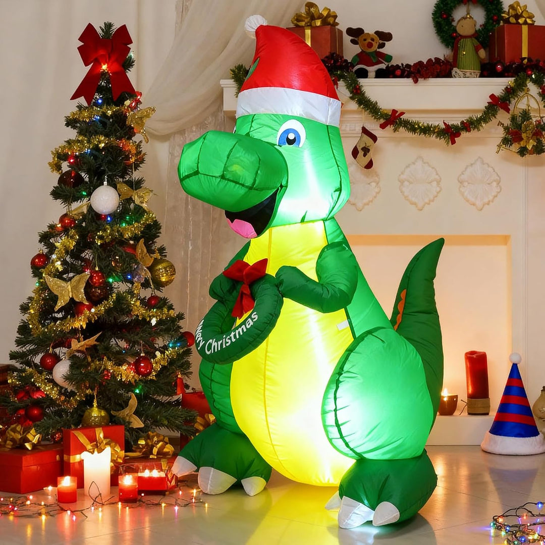 Ycolnaefllr 152 cm Weihnachtsdekoration aufblasbarer Dinosaurier, grüner Dinosaurier mit Weihnachtsm