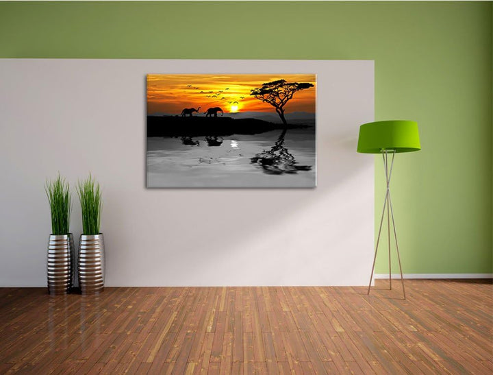 Afrikanische Steppe mit Elefanten schwarz/weiss Format: 100x70 auf Leinwand, XXL riesige Bilder fert