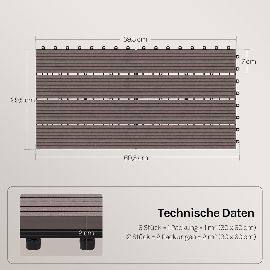 WOLTU WPC Fliese, Terrassenfliesen Holz-Optik, Bodenbelag mit Klicksystem, 30 x 60 cm, Braun (12 Stü