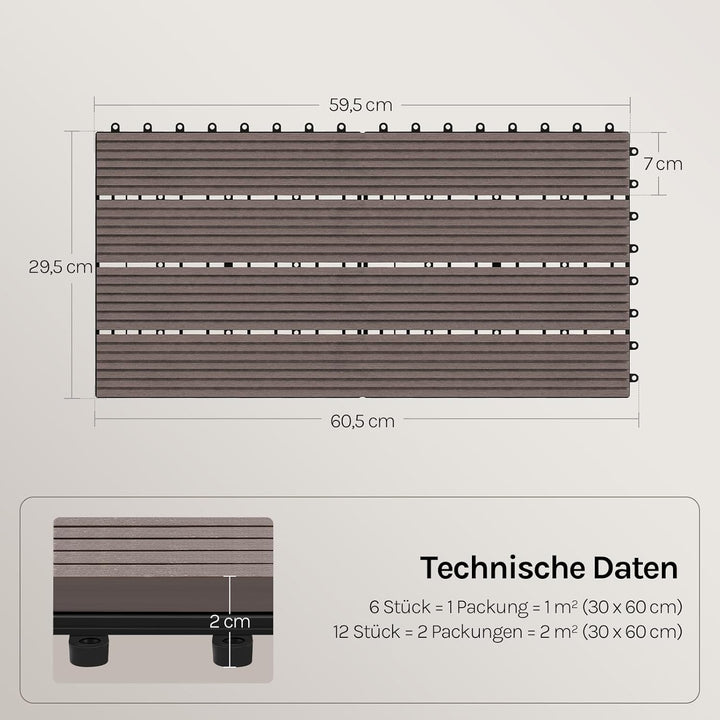 WOLTU WPC Fliese, Terrassenfliesen Holz-Optik, Bodenbelag mit Klicksystem, 30 x 60 cm, Braun (12 Stü