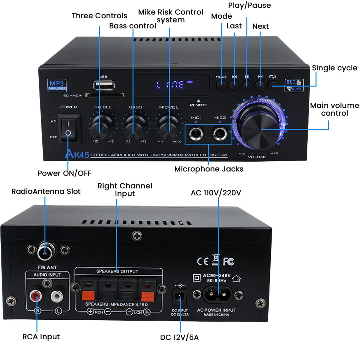 AK45 HiFi Verstärker Mini Stereo Bluetooth Radio Audio Verstärker Receiver, 12V/ 240V 2.0 Kanäle 40W