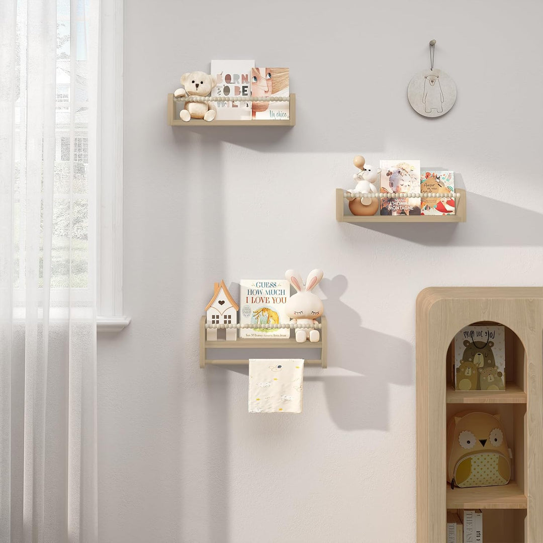 WOLTU 3er Set Kinder Bücherregal Wand, 40cm Wandregal Kinderzimmer, aus Massivholz, Hängeregal Schwe