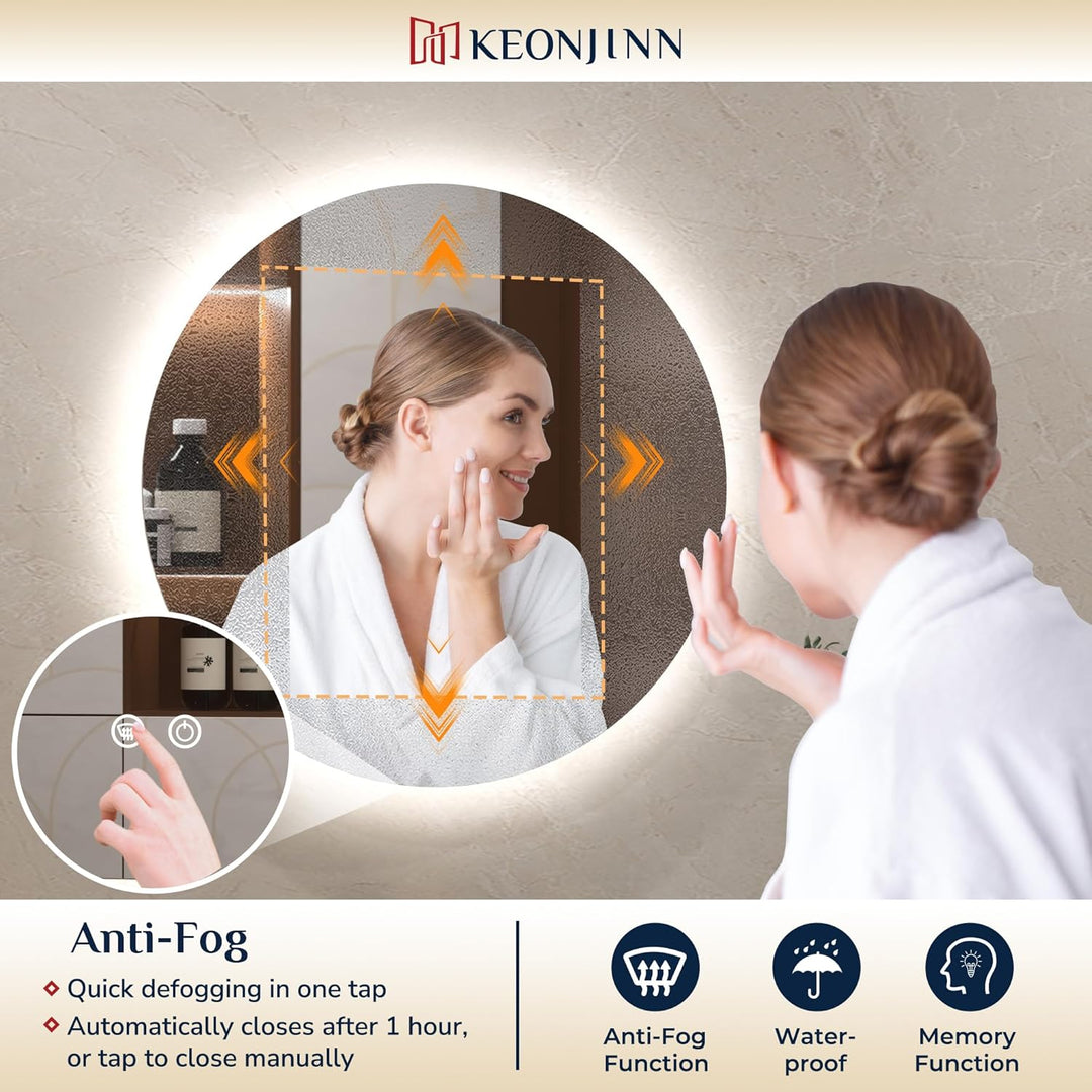 Keonjinn Badspiegel mit Beleuchtung Rund 60cm, Badezimmerspiegel mit Beschlagfrei Touch Schalter Spe