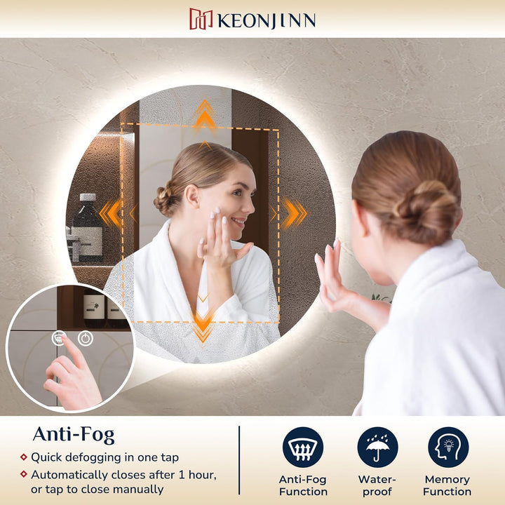 Keonjinn Badspiegel mit Beleuchtung Rund 60cm, Badezimmerspiegel mit Beschlagfrei Touch Schalter Spe